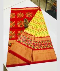 Red and Lite Lemon Yellow color pochampally ikkat pure silk handloom saree with pochampally ikkat design -PIKP0036120
