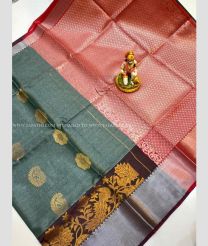 Grey and Red color mangalagiri pattu handloom saree with all over buties design -MAGP0026218