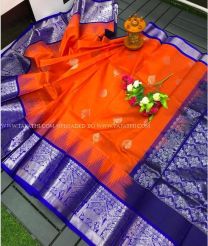 Orange and Blue color kuppadam pattu handloom saree with all over buties with gadwal temple broder design -KUPP0068597