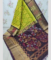 Mustard Yellow and Chocolate color Ikkat sico handloom saree with pochampalli ikkat design -IKSS0000323