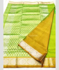 Lite Parrot Green and Mustard Yellow color venkatagiri pattu handloom saree with all over jall checks with peacock border design -VAGP0000810
