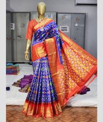 Blue and Orange color pochampally ikkat pure silk handloom saree with pochampalli ikkat with kanchi border design -PIKP0017394