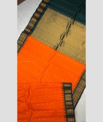 Orange and Forest Fall Green color gadwal pattu handloom saree with all over woven buties with templ kuthu interlock woven border design -GDWP0001663