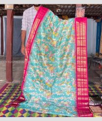 Blue Turquoise and Pink color pochampally ikkat pure silk handloom saree with all over digital floral printed design -PIKP0022150