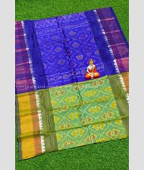 Blue and Fern Green color Uppada Soft Silk handloom saree with all over pochampally with kanchi border design -UPSF0003907
