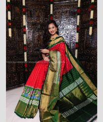 Red and Forest Fall Green color pochampally ikkat pure silk handloom saree with all over checks with ikkat handmade jaquard border design -PIKP0019858