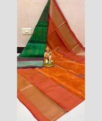 Green and Carrot Orange color Uppada Soft Silk handloom saree with all over pochampally design -UPSF0004120