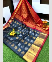 Windows Blue and Red color kuppadam pattu handloom saree with all over buttas design -KUPP0097173