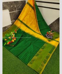 Dark Green and Mango Yellow color Uppada Soft Silk handloom saree with all over mahanati checks design -UPSF0003869