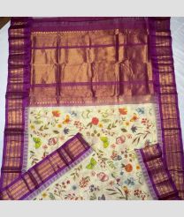 Cream and Magenta color gadwal cotton handloom saree with all over kalamkari printed design -GAWT0000308