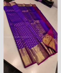 Purple and Deep Pink color kanchi pattu handloom saree with all over buties with 2g pure jari border design -KANP0013309