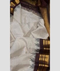 Cream and Chocolate color gadwal cotton handloom saree with all over checks with temple kothakomma kuthu interlock woven system design -GAWT0000102