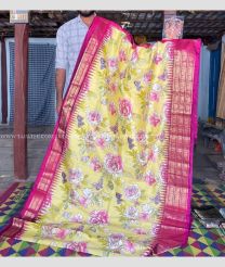 Lemon Yellow and Pink color pochampally ikkat pure silk handloom saree with all over digital floral printed design -PIKP0022157
