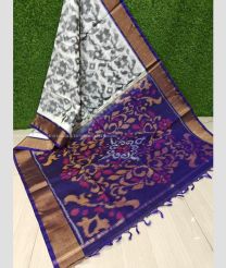 Half White and Navy Blue color Ikkat sico handloom saree with all over ikkat design -IKSS0000372