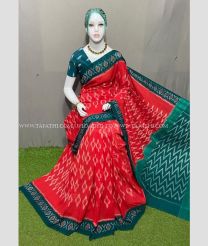 Red and Forest Fall Green color pochampally Ikkat cotton handloom saree with all over pochampally ikkat design -PIKT0000510
