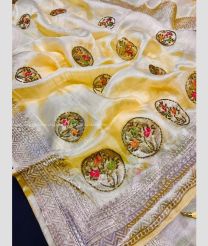 Cream and Yellow color Organza sarees with embroidery and heavy khatali work with gold zari embroidery border design -ORGS0002956
