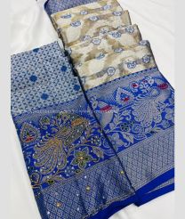 Cream and Blue color Banarasi sarees with all over heafy khatli work design -BANS0011498