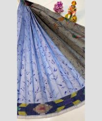 Sky Blue and Wood Brown color Uppada Cotton handloom saree with all over printed with double side pochampally border design -UPAT0004361