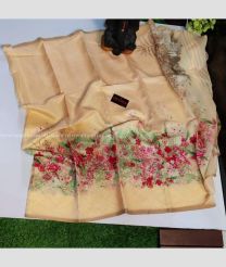 Moccasin and Lite Brown color linen sarees with all over flower printed design -LINS0003352