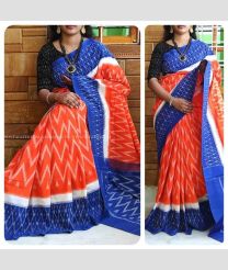 Orange and Blue color pochampally Ikkat cotton handloom saree with all over pochampally design saree -PIKT0000062