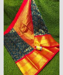 Dark Teal and Red color Chenderi silk handloom saree with all over buttas design -CNDP0016287