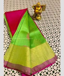 Pink and Parrot Green color Kollam Pattu handloom saree with all over zari and thread buties design -KOLP0000905