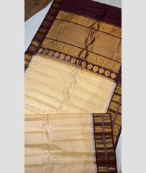 Cream and Chocolate color gadwal pattu handloom saree with all over buties with temple kuthu and patti strip borders design -GDWP0001586