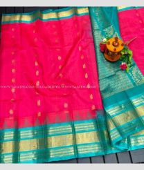 Pink and Medium Teal color kuppadam pattu handloom saree with temple border design -KUPP0097102