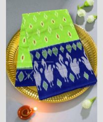 Parrot Green and Blue color pochampally Ikkat cotton handloom saree with all over pochampally spl design -PIKT0000617