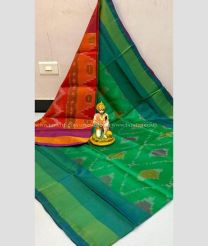 Orange and Green color Uppada Soft Silk handloom saree with all over pochampally design -UPSF0004110