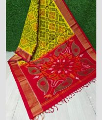 Acid Green and Red color Ikkat sico handloom saree with all over ikkat design -IKSS0000380