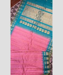Rose Pink and Turquoise color gadwal pattu handloom saree with all over checks and buties with temple kothakomma kuthu interlock border design -GDWP0001729