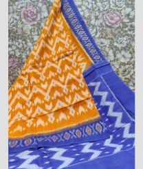 Mustard Yellow and Blue color pochampally Ikkat cotton handloom saree with printed design saree -PIKT0000295