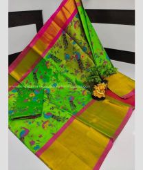 Green and Pink color Uppada Soft Silk handloom saree with all over printed design -UPSF0003432