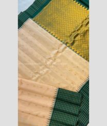 Cream and Dark Green color gadwal pattu handloom saree with temple  border saree design -GDWP0000590