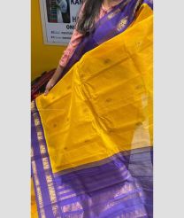 Yellow and Purple color gadwal cotton handloom saree with all over buties including meena with kuthu interlock woven border design -GAWT0000276