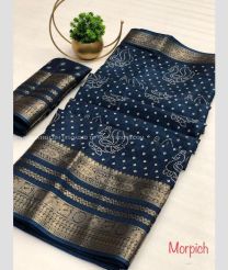 Dark Bluish Grey and Lite Golden color silk sarees with all over kalamkari printed with heavy jacquard 9 inch border design -SILK0017266