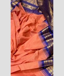 Peach and Blue color gadwal cotton handloom saree with all over buties with temple border design -GAWT0000175