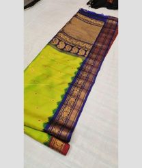 Acid Green and Navy Blue color gadwal pattu handloom saree with all over buties with kuttu ganga jamuna borders design -GDWP0001400