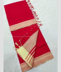 Red and Cream color mangalagiri sico handloom saree with plain saree design -MAGI0000201