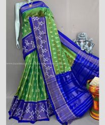 Dark Green and Blue color pochampally ikkat pure silk handloom saree with pochampalli border saree design -PIKP0016511