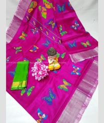 Neon Pink and Pale Silver color uppada pattu handloom saree with all over plain with kaddi border design -UPDP0021037