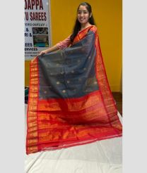 Black and Red color gadwal cotton handloom saree with all over buties including meena with kuthu interlock woven border design -GAWT0000279