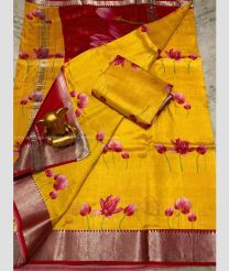 Yellow and Red color mangalagiri pattu handloom saree with all over digital printed with 150 by 50 jari border design -MAGP0026237