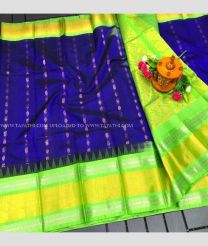 Navy Blue and Parrot Green color kuppadam pattu handloom saree with all over buties with special kanchi pletu temple border design -KUPP0096853
