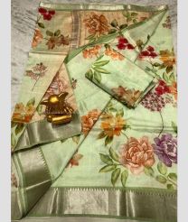 Cream and Fern Green color mangalagiri pattu handloom saree with all over digital printed with 150 by 50 jari border design -MAGP0026241
