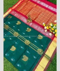 Dark Green and Red color Chenderi silk handloom saree with flower buti saree design -CNDP0004707