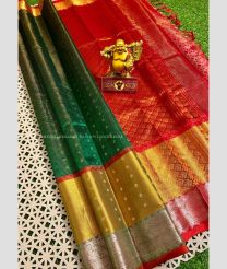 Pine Green and Red color kuppadam pattu handloom saree with all over small silver nd gold zari weaved butties with contrast borders and jari weaver kanchi borders design -KUPP0096674