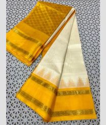 Half White and Mango Yellow color kuppadam pattu sarees with two side rudraksha border design -KUPP0097181