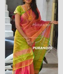Red and Parrot Green color Uppada Tissue handloom saree with plain border design -UPPI0001784